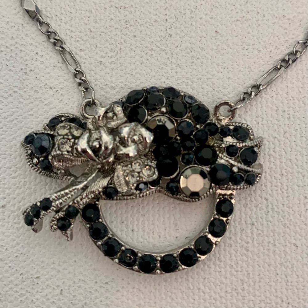 VTG Silver-Tone Black Rhinestones Circle Pendant Necklace Diamond Bar Chain 20" - Picture 4 of 12